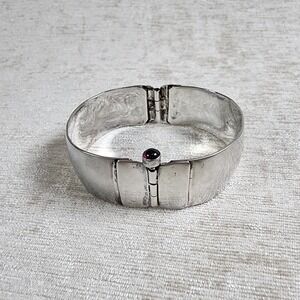 Sterling Silver Hinge Cuff Bangle Bracelet with Garnet 2.25" Inner Length 30g